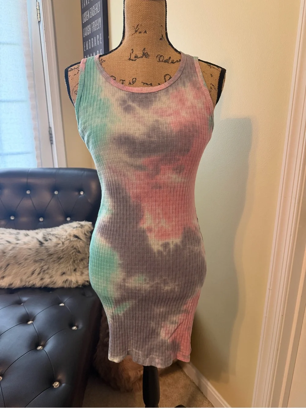 Fashion Nova Ribbed Tie-Dye Tank Mini Dress - Pink, Gray & Mint - Picture 2 of 3